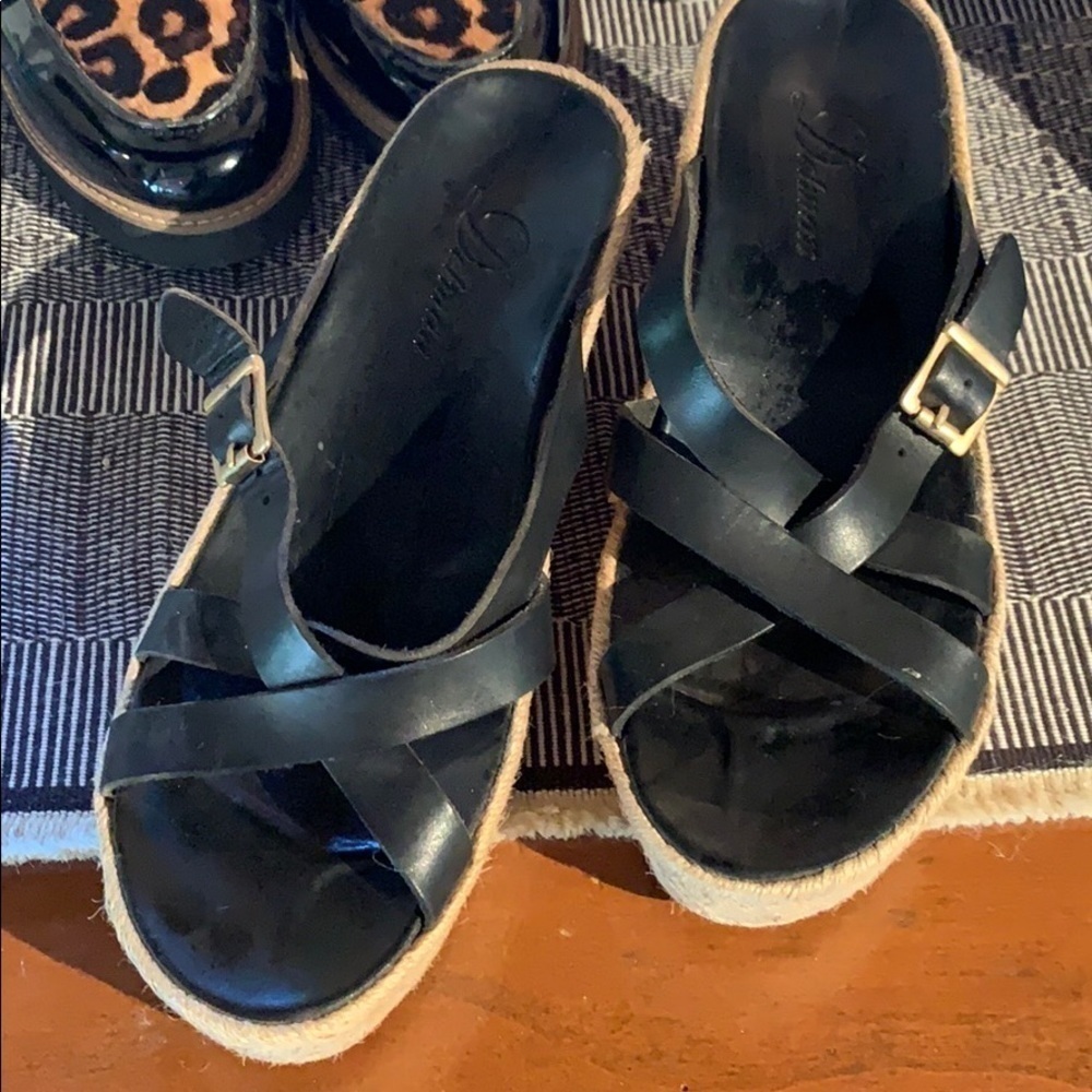 Delman black leather sandal wedge espadrilles